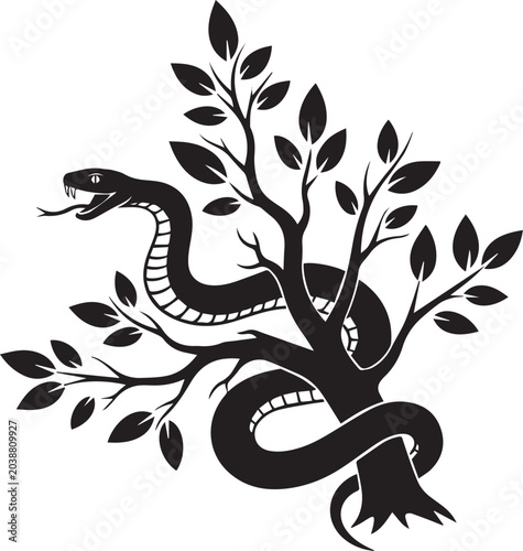 Quadro em tela Black snake wrapped around a tree branch with leaves