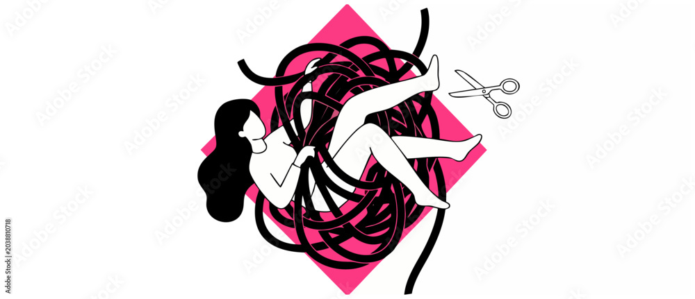 Obraz premium Woman tangled in cables escaping anxiety stress illustration. Minimalist vector art of female figure trapped in messy black cords with scissors cutting her free, symbolizing problem solving and freedo