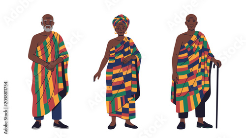 Three people dressed in traditional Kente cloth from Ghana, representing cultural heritage and diversity.