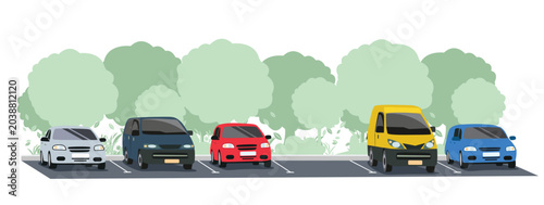 Various cars are parked in a large parking lot. Parking near a house or store. Car rental and sales. Hand-drawn vector illustration on a white background.