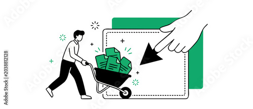 Fotografía Document migration data upload office worker pushing wheelbarrow full of files to digital storage folder, concept of database management, backup, cloud transfer, and workflow automation system