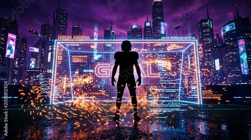 Football player silhouette standing in a digital neon cyber arena at night
