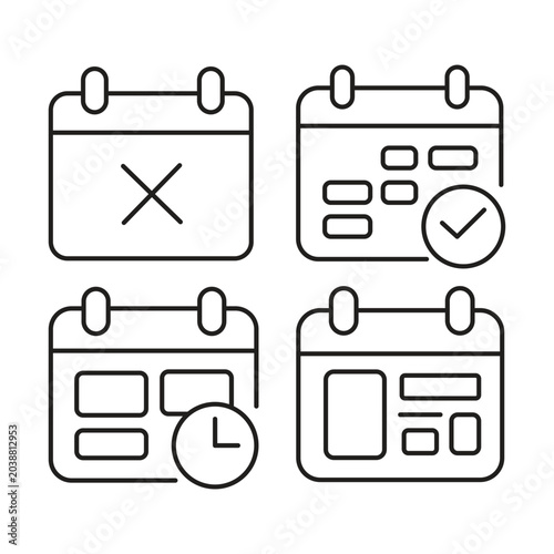 Calendar line icons pack featuring event scheduling, deadline, appointment time, and planning vector