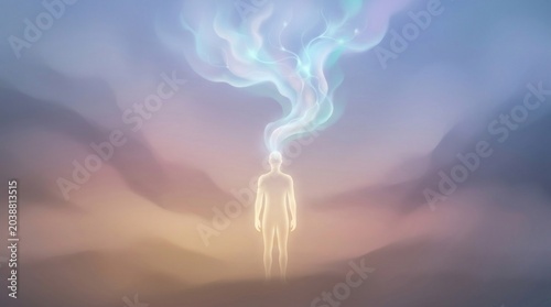 A solitary figure stands silhouetted against a vibrant, ethereal sky.