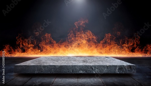 A Dark Dramatic Scene With A Large Flat Stone Platform And Fiery Effect