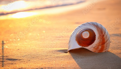 Nautilus Sea Shell On Golden Sand Beach In Soft Sunset Light