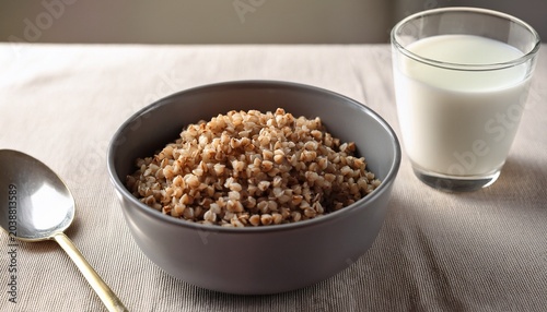 Boiled Buckwheat In A Gray Bowl And A Glass Of Milk On A Cotton Tablecloth