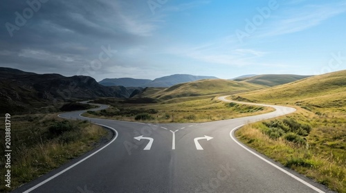 A winding asphalt road stretches into the distance, flanked by two diverging paths. Rolling green hills and mountains form a dramatic backdrop under a partly cloudy sky.