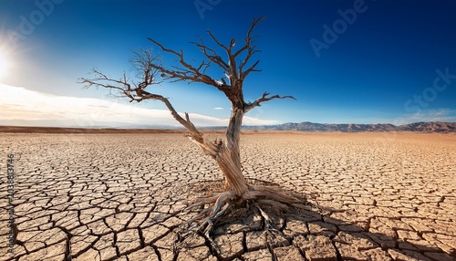 A Dead Tree With Exposed Roots Stands In A Cracked Dry Desert Landscape Symbolizing Nature S Fragility