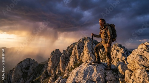 Adventurous man hiking mountain summit at sunset with dramatic storm clouds