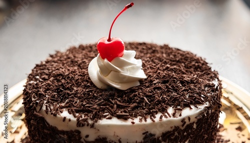 Finishing Touch On A Black Forest Cake As Whipped Cream And A Cherry Are Carefully Placed On Chocolate Shavings