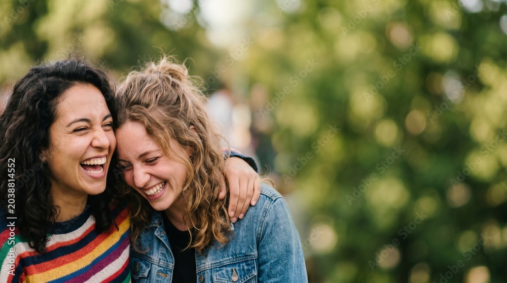 Fototapeta premium Two joyful female friends laughing together outdoors in a sunny park, celebrating friendship and positive emotions
