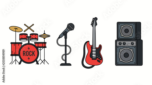 Rock music icons set including drums, microphone, guitar and speakers, World Rock Day, minimalist 2d flat illustration on a white background