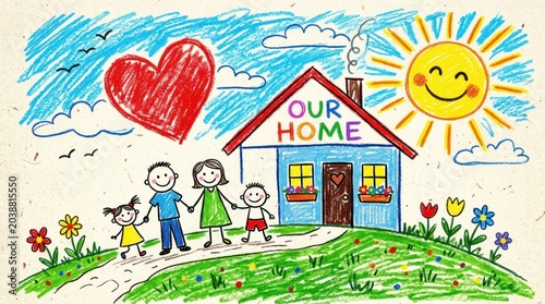 A colorful crayon drawing depicts a happy family standing in front of their house. A father, mother, and three children are holding hands and smiling.