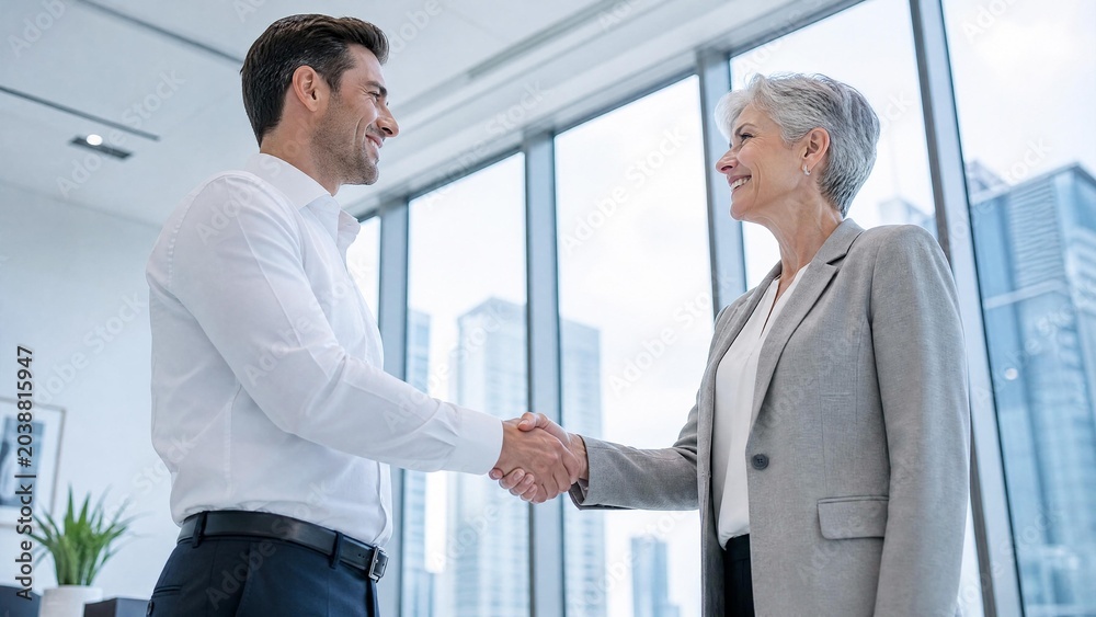Fototapeta premium Professional Business Handshake Between Young Businessman and Senior Executive Woman in Modern Office