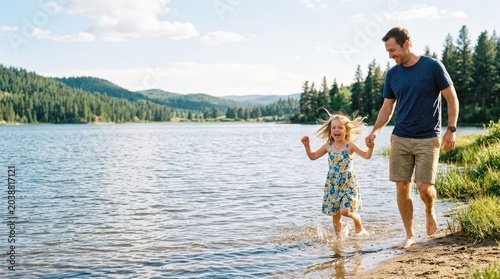 A father and daughter are running into a lake together. The father is holding his daughter's hand as she jumps into the water, splashing around.