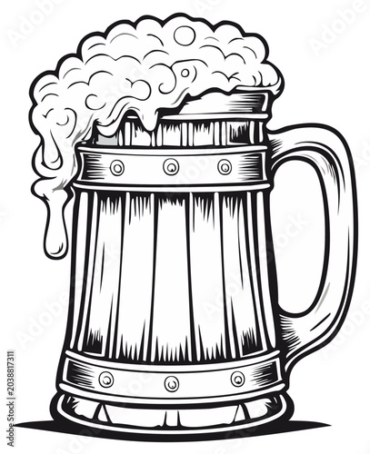 Black and white illustration of a wooden beer mug overflowing with foam