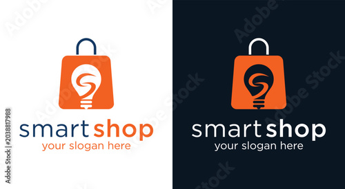Photography Smart Shop Logo Design with Shopping Bag and Light Bulb.