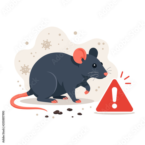 Flat style illustration of a rat with hantavirus warning symbol and virus particles for disease prevention concepts