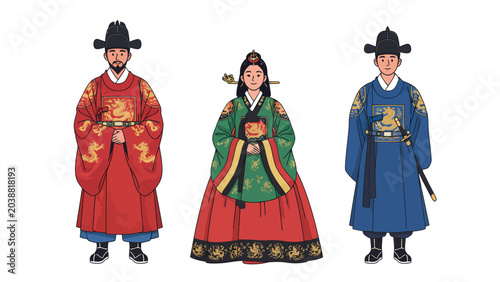 Three individuals in traditional Korean Hanbok clothing, showcasing historical royal attire.