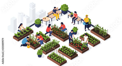 Isometric Rooftop Garden with People Growing Plants in Raised Beds.