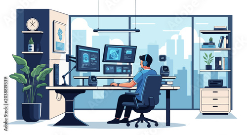 Man Working at Computer in Home Office Setup.