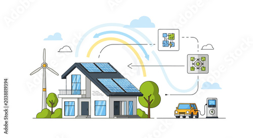 Modern House with Solar Panels and Electric Car Charging.