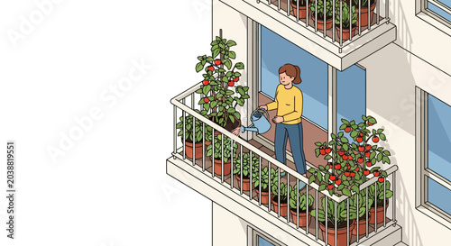 Potted Tomato Plants on Balcony in Urban Gardening Illustration.