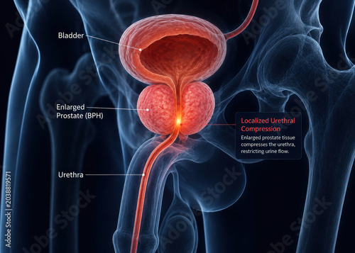 Enlarged Prostate BPH Causing Urethral Compression Medical Illustration
