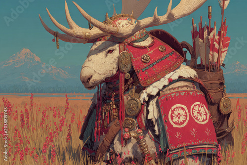 Mythical White Moose Warrior in Ornate Tribal Armor Standing in Wildflower Prairie Fantasy Illustration