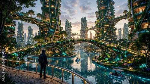 Futuristic sustainable city with green skyscrapers and canal at dusk. A man watches the biophilic urban landscape with organic bridges and boats.