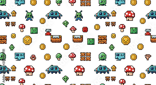 Retro Pixel Art Seamless Pattern with Game Elements.