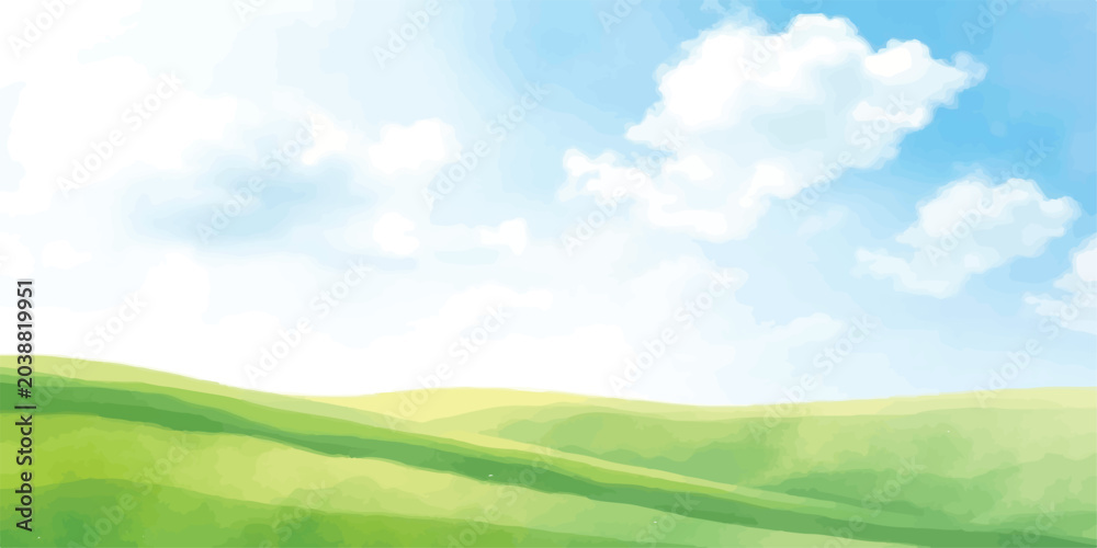 Obraz premium Digital watercolor illustration of green grass meadows and blue sky with landscape watercolor painting countryside outdoors backdrop peaceful grassland environment panoramic