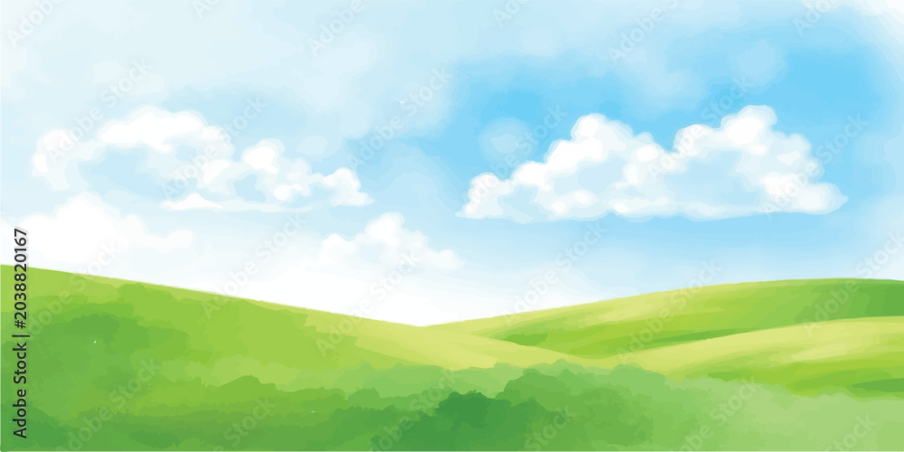 Obraz premium Watercolor painting of a bright green landscape under a blue sky with fluffy white clouds watercolor landscape artistic painting outdoors illustration peaceful environment countryside