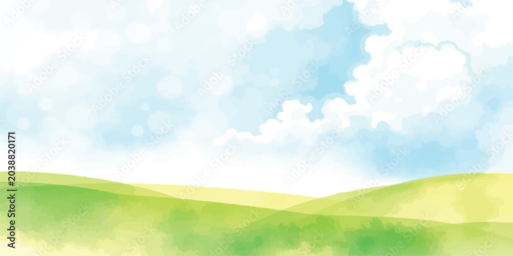 Obraz premium Soft watercolor painting of rolling green meadows and hills under a cloudy sky with watercolor landscape painting artistic countryside outdoors peaceful abstract backdrop illustration