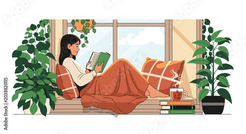 Woman reading a book by the window in a cozy atmosphere.