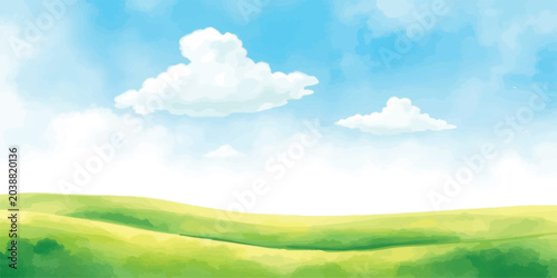 Konstfotografi Watercolor illustration of scenic green fields and blue cloudy sky with watercol
