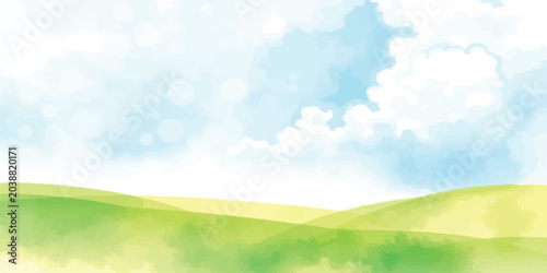 Canvas Print Soft watercolor painting of rolling green meadows and hills under a cloudy sky w