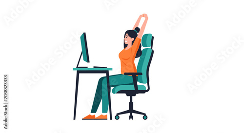 Woman Stretching at Desk in Ergonomic Chair, Office Wellness and Healthy Posture Vector Illustration