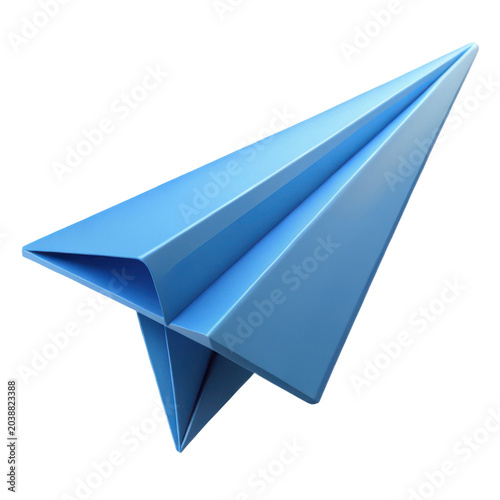 High-quality 3d render of a blue paper airplane flying forward with sharp edges transparent background