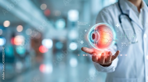 Medical professional holding a vibrant 3D holographic human eye, showcasing advanced ophthalmology diagnostics and innovative digital healthcare technology for patient care.