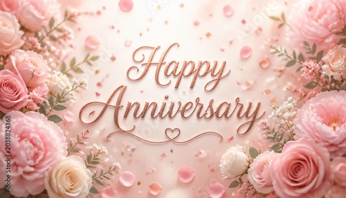 Happy Anniversary Greeting Card with Pink Roses and Petals