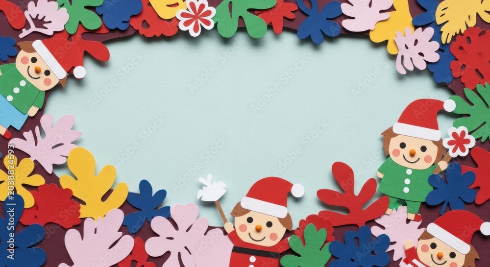 Fototapeta premium Cute Christmas paper craft decoration with colorful shapes and characters