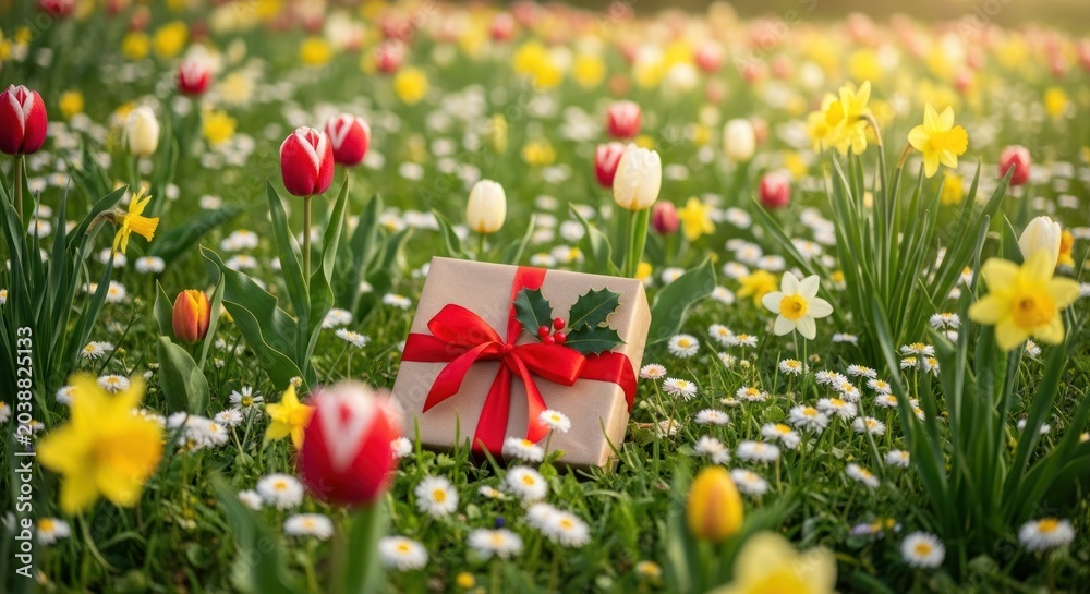 Fototapeta premium A gift box with a red ribbon sits in a field of spring flowers.