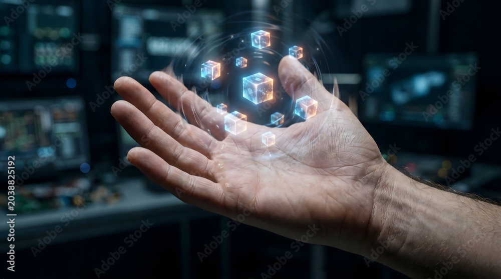 Fototapeta premium Holographic cubes hover over open palm in futuristic data center