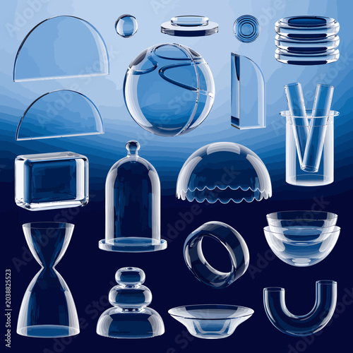 Collection of Various Transparent Glass Objects on Blue Background.
