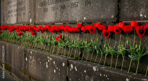 Red poppy flowers on a war memorial