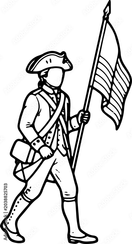 Fototapeta premium Revolutionary War Flag Bearer Soldier Marching Vector Illustration