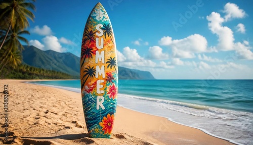 Surfboard with Summer Text on a Tropical Beach