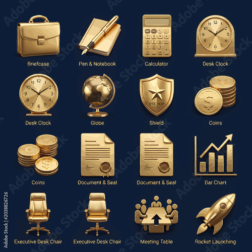 Golden Business Icons - Briefcase, Pen, Calculator, Clock, Globe, Shield, Coins, Documents, Chart, Chair, Rocket.